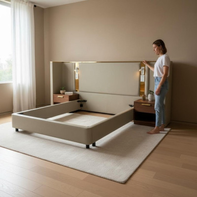 Lyxig design säng i beige med LED-belysning, gyllene struktur och modern huvudgavel