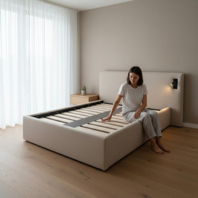 Modern säng i beige med LED-belysning och lyxig stoppning