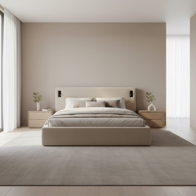 Modern säng i beige med LED-belysning och lyxig stoppning