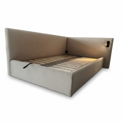 Modern säng i beige med LED-belysning och lyxig stoppning