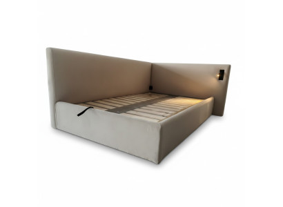 Modern säng i beige med LED-belysning och lyxig stoppning