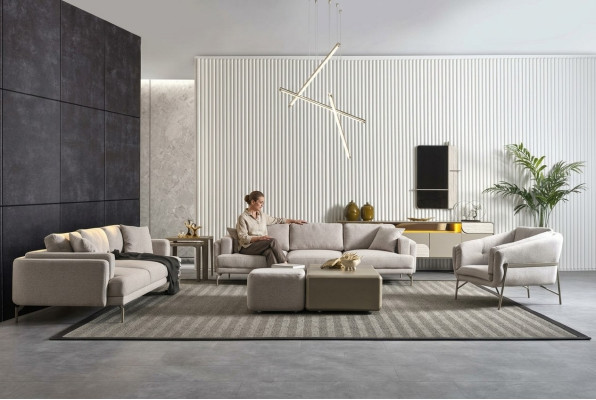 Moderna soffor och bord i beige