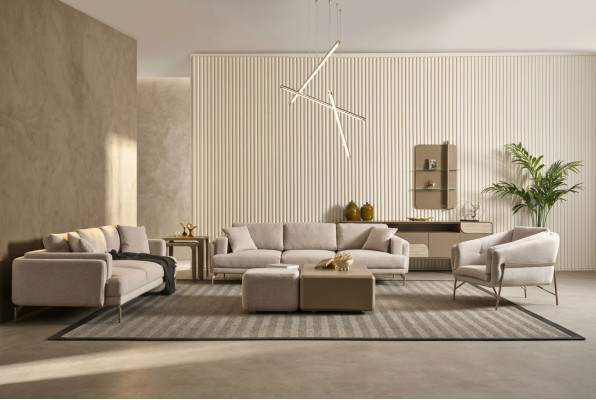 Moderna soffor och bord i beige