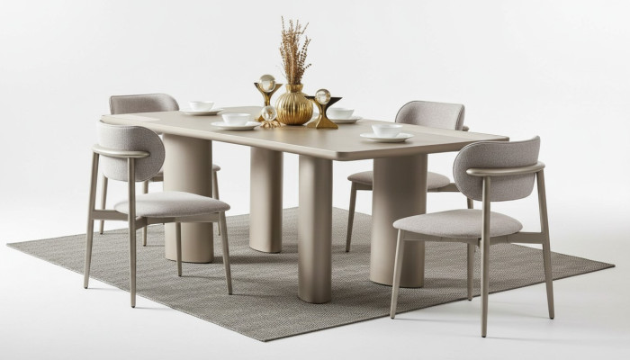 Elegant beige bord med träben och 4 stolar i tyg
