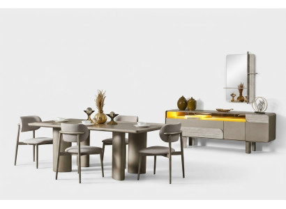 Elegant set av beige matbord med stolar och konsol