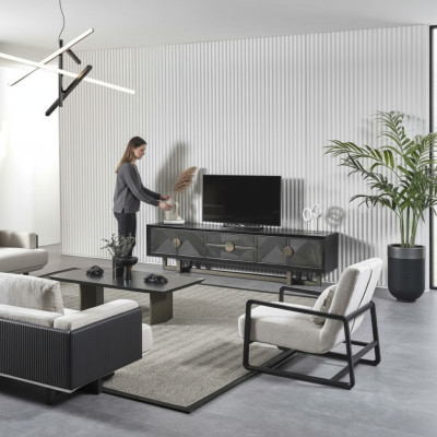 Modern brun tygsoffa och fåtölj