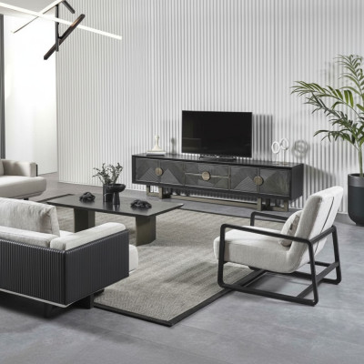 Modern brun tygsoffa och fåtölj