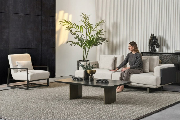 Elegant bänk i trä, 3 platser och fåtölj