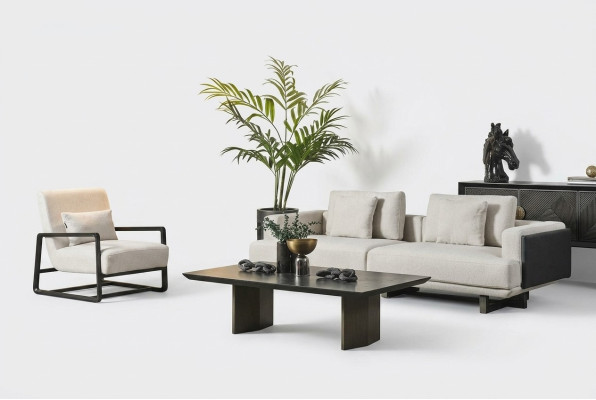 Elegant bänk i trä, 3 platser och fåtölj