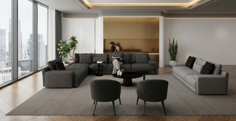 Elegant hörnsoffa med två fåtöljer som kombinerar design och komfort