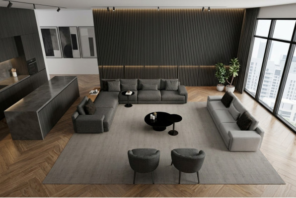 Elegant hörnsoffa med två fåtöljer som kombinerar design och komfort