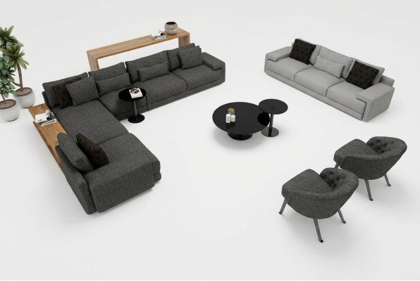 Elegant hörnsoffa med två fåtöljer som kombinerar design och komfort
