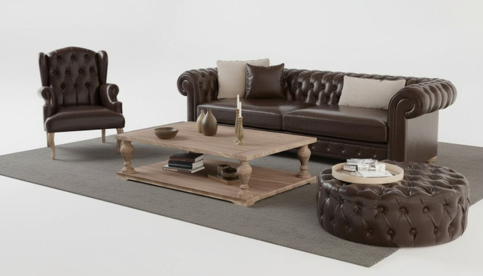 Elegant bänk, fåtölj och puff. Verklig komfort