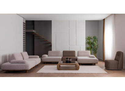 Wohnlandschaft Sitzer Beige-Braun Stoff & Holz
