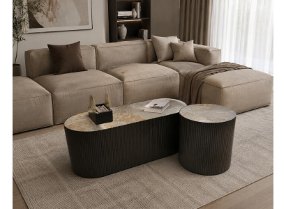 Couchtisch Set Oval Rund Marmoroptik Geriffelt Schwarz 2er Set