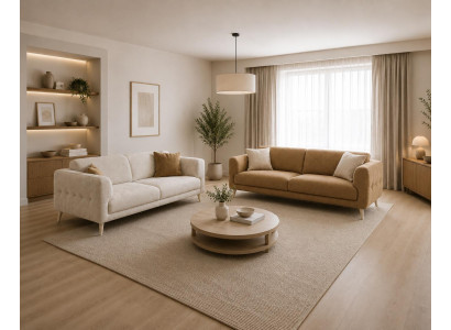 2x 3-Sitzer Sofa Beige Braun Stoff Modern Polstersofa Wohnzimmer Set