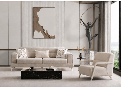 Wohnzimmer Set 3-Sitzer Sofa Sessel Beige Modern Polstermöbel