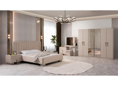 Beiges Schlafzimmer-Set Bett Kleiderschrank Frisiertisch 2 Nachttische modern
