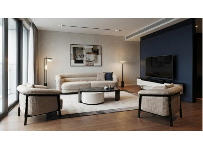 Beige Sofagarnitur Holz Modern 3-Sitzer Sessel Couchtisch TV-Lowboard