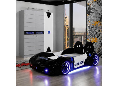 Autobett Polizei Kinderbett Rennwagen Schwarz LED Kleiderschrank