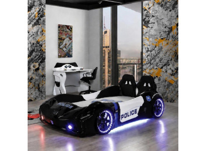 Autobett Polizei Kinderbett Rennwagen Schwarz LED Schreibtisch