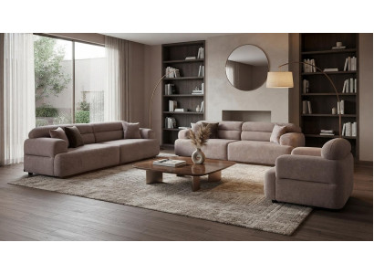 Beige 2x 4 Sitzer Sofa Velours Stoff Sessel Modern Wohnzimmer Design