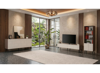 Beige-braunes Wohnzimmer-Set TV-Lowboard stilvolle Konsole Bücherregal