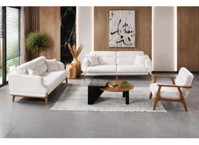 Wohnzimmer Set Weiß Sofa Sessel Textil Bezug Komfort Design 3tlg
