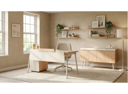Weiß-Beige Bürogarnitur Cheftisch Kommode Sideboard 3tlg Set