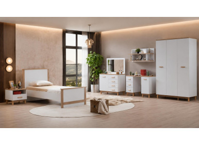 Weißes Jugendzimmer: Bett Nachttische Kommode Kleiderschrank Schreibtisch