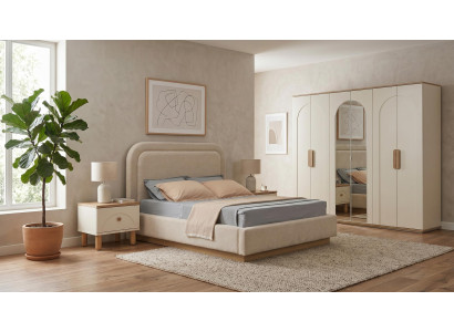 Beige Schlafzimmer Set Bett Kleiderschrank Nachttische Holz Textil