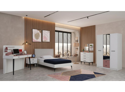 Weißes Jugendzimmer Bett Nachttische Kleiderschrank Kommode Schreibtisch