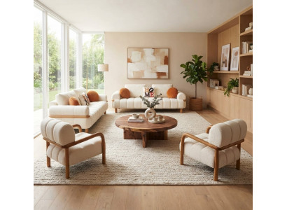 Wohnzimmer-Set 2x 3 Sitzer Sofa 2x Sessel Zartem Weißem Bezug Holz