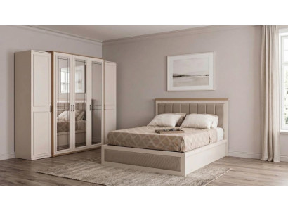 Beige Schlafzimmer Set Bett Kleiderschrank Holz Textil Einfarbig