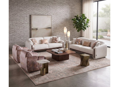 Wohnzimmer-Set 2x Schlafsofa Weiß 2x Sessel Rosa Holzelementen
