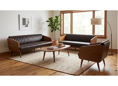Zwei Sofas Ein Sessel Braun Kunstleder Holz Armlehnen Mid Century