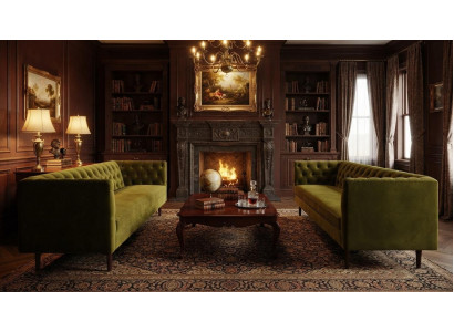 Zwei Sofas Olivgrün Stoff Chesterfield Design Holzbeine Wohnzimmer