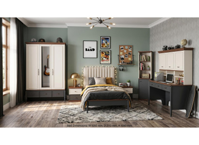 Beige-schwarzes Jugendzimmer Bett Nachttische Schrank Schreibtisch Bücherregal