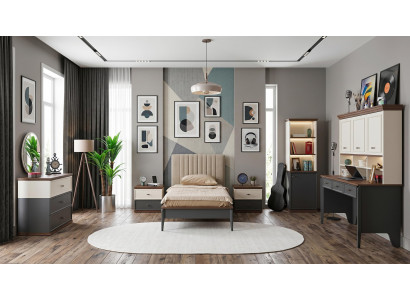 Beige-schwarzes Jugendzimmer Bett Kommode Nachttische Bücherregal Schreibtisch