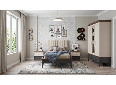Beige-schwarzes Jugendzimmer Bett Kleiderschrank Nachttische modern hochwertig