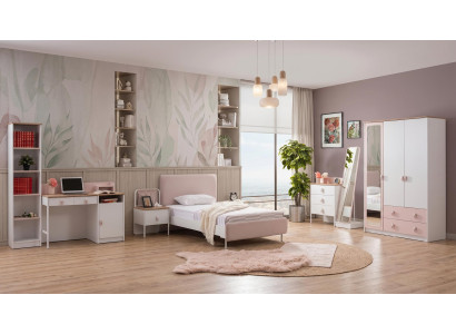 Weiß-rosa Jugendzimmer Bett Kleiderschrank Kommode Nachttische Schreibtisch