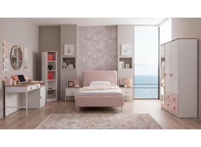 Weiß-rosa Jugendzimmer Bett Schrank Nachttische Schreibtisch Bücherregal