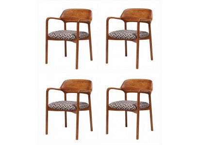 4x Esszimmerstuhl Holz Braun Stoff Gemustert Armlehnen Modern Elegant