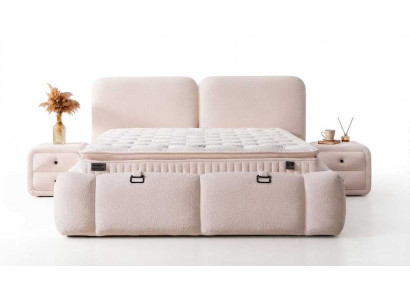 Weiches Bett Beige Kopfteil Matratze Hebemechanismus 2x Nachttischen