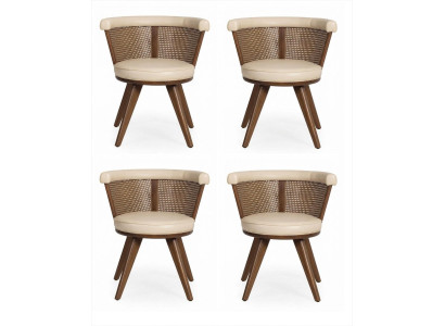 4 Esszimmerstühle Holz Braun Rattan Geflecht Beige Polster Armlehnen