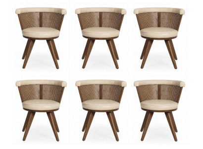 6 Esszimmerstühle Rattan Geflecht Beige Polster Armlehnen Luxuriös