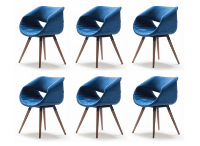6er Set Esszimmerstühle Blau Samtoptik gepolstert Armlehnen Holzbeine