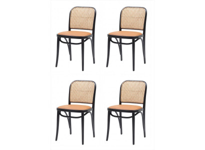 4 Esszimmerstühle Schwarz Cognac Rattan Geflecht Gepolstert Modern
