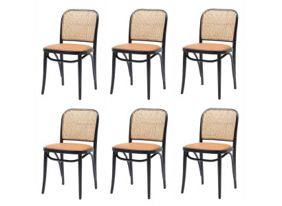 6x Esszimmerstuhl Schwarz Cognac Rattan Geflecht Polsterstuhl Retro