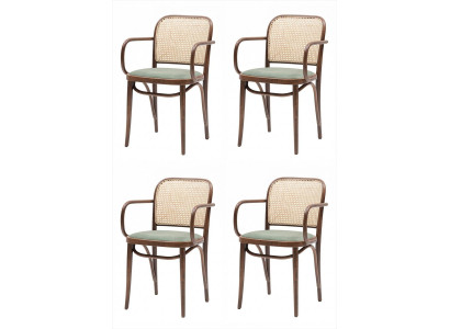 4x Esszimmerstuhl Grün Rattan Geflecht Armlehnen Holz Retro Design
